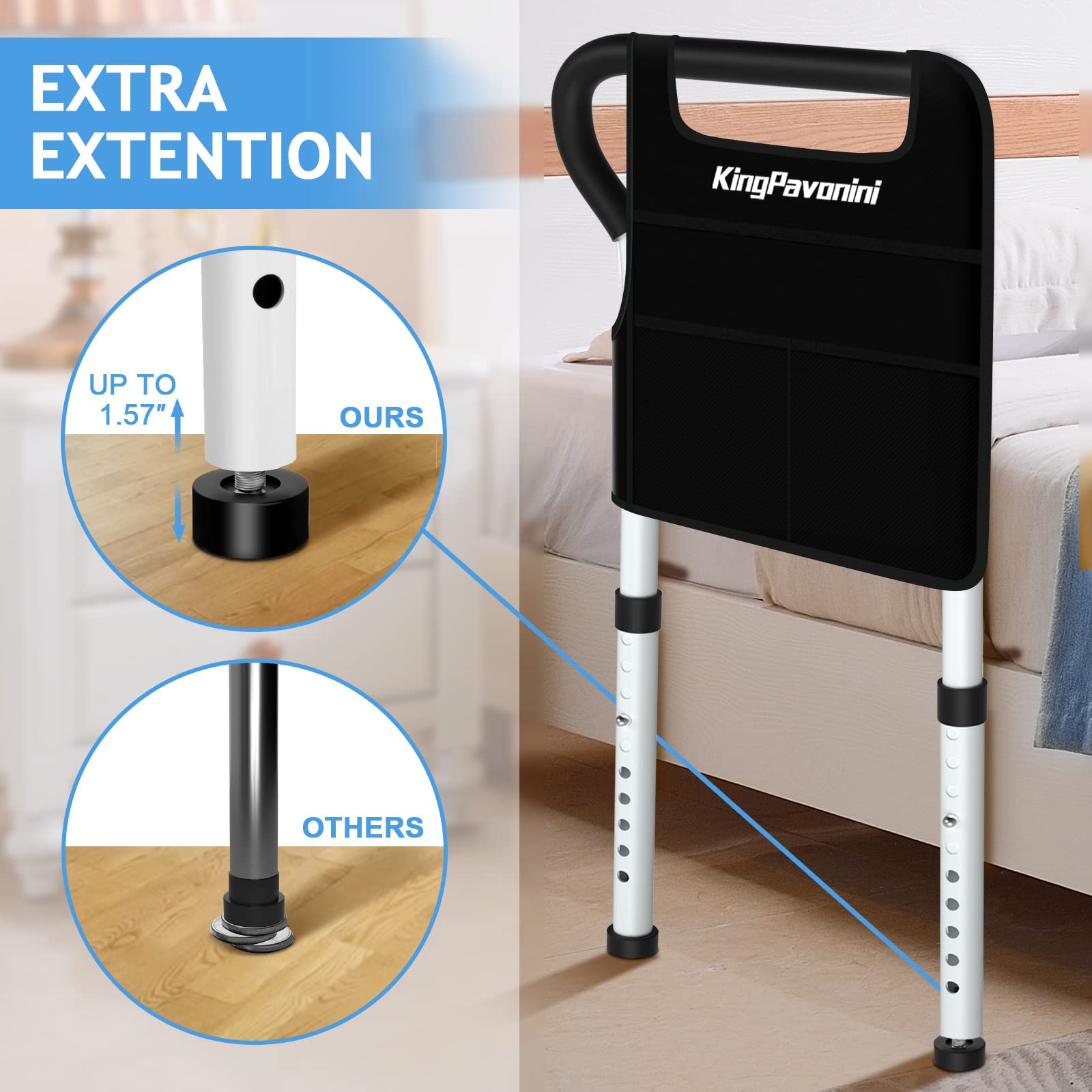 KingPavonini Bed Side Assist Handle Bar Safety Rail Bed Rails for Elderly Adults - Bed Cane - Mobility Assistant Bar with Free Storage Bag and Fixing Strap, Fit Beds
