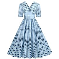 Women 1950s Retro Short Sleeve V Neck Plaid Cocktail Dress Summer Empire Waist Fashion Rockabilly Audrey Dresses