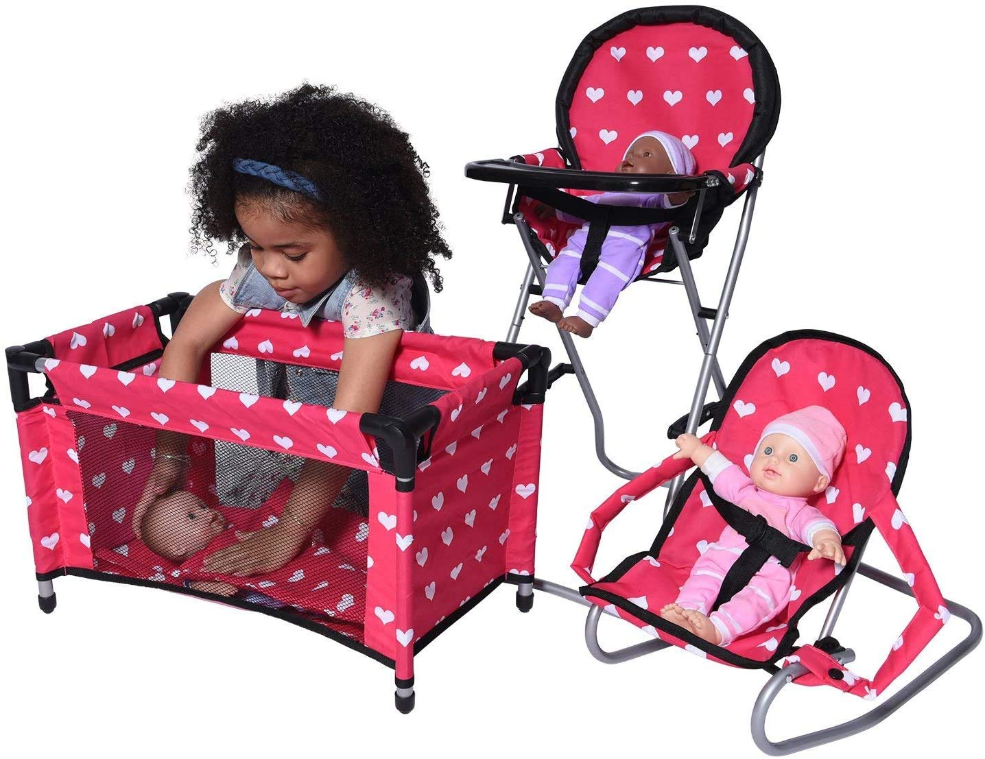 The New York Doll Collection Dolls Mega Play Set with Dolls High Chair, 3-1 Doll Bouncer and Pack N Play Pink for 18-inch Dolls