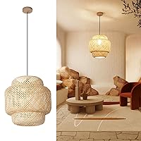 Farmhouse Rattan Pendant Lighting for Kitchen, Bamboo Lampshade Handmade Weave Hanging Lights Wooden Boho Decor Ceiling Light Fixture 16 inch Cream Natural Chandelier for Dining Room E26