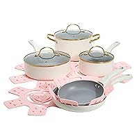 Paris Hilton Epic Nonstick Pots and Pans Set, Multi-layer Nonstick Coating, Tempered Glass Lids, Soft Touch, Stay Cool Handles, Made without PFOA, Dishwasher Safe Cookware Set, 12-Piece, Cream