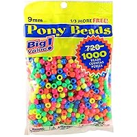 Darice Assorted Neon Pony Beads – Great Craft Projects for All Ages – Bead Jewelry, Ornaments, Key Chains, Hair Beading – Round Plastic Bead With Center Hole, 9mm Diameter, 1,000 Beads Per Bag