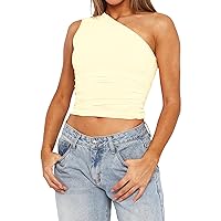 ISZPLUSH Womens Sleeveless One Shoulder Tank Top Y2K Ruched Slim Fitted Tee Shirt Sexy Crop Camisole Solid Going Out