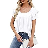 Women's Casual Ruffle Short Sleeve Tops Summer Ruched Work T Shirts Blouses