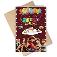 Pack of 5 One Piece Birthday Greeting Cards Invitation Cards Cartoon Cute Greeting Cards Blank Inside with Envelopes Bulk for Kids Boy Girl 8 x 5.3 inch（20x13.5cm ） (Red Stripes)