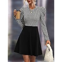 Spring Dresses for Women 2023 Houndstooth Leg-of-Mutton Sleeve -line Dress Dress for Women (Color : Black and White, Size : Medium)