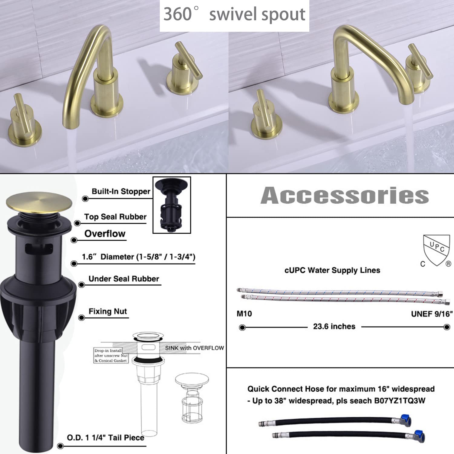 TRUSTMI Bathroom Faucet 2 Handle 8 Inch Brass Sink Faucet 3 Hole Widespread with 360 Degree Swivel Spout, cUPC Water Supply Lines and Overflow Pop Up Drain Included, Brushed Gold