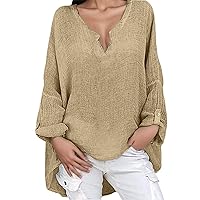 Linen 2024 Shirts for Women Long Sleeve 3/4 Sleeve Cotton Summer Tops Casual Loose Fit Sheer Clothes Crinkle Gauze