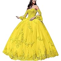 Women's Tulle Long Sleeve Quinceanera Dresses Sweetheart Neck Lace Appliques Beaded Ball Gown