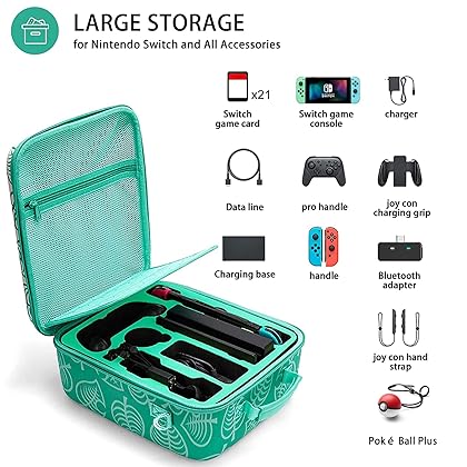 Nintendo Switch Deluxe Carrying Case-Turquoise Storage Bag with Handle and Shoulder Strap Fits Complete Switch System Console+Switch Dock+ Pro Controller +Joy-Con grip+ Poke Ball Plus & Accessories.