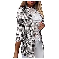 Women Casual Vintage Print Open Front Lapel Long Sleeve Slim Suit Temperament Blazers Coat for Daliy Work