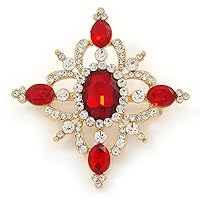Red/Clear Austrian Crystal Diamond Shape Corsage Brooch In Gold Plating - 50mm L