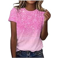Women's Summer Tops Casual Glitter Printed T Shirts Short Sleeve Crew Neck Stretch Tee Shirt Top Blouses Tunics