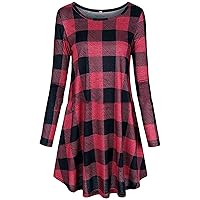 Andongnywell Women's Plaid Long Sleeve Round Neck Dress Loose Swing Casual Dress with Pockets Knee Length