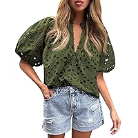 Blouses for Women Dressy Casual Summer Short Lantern Sleeve V Neck Buttons Hollow Out Lace Embroidered Blouses Shirts