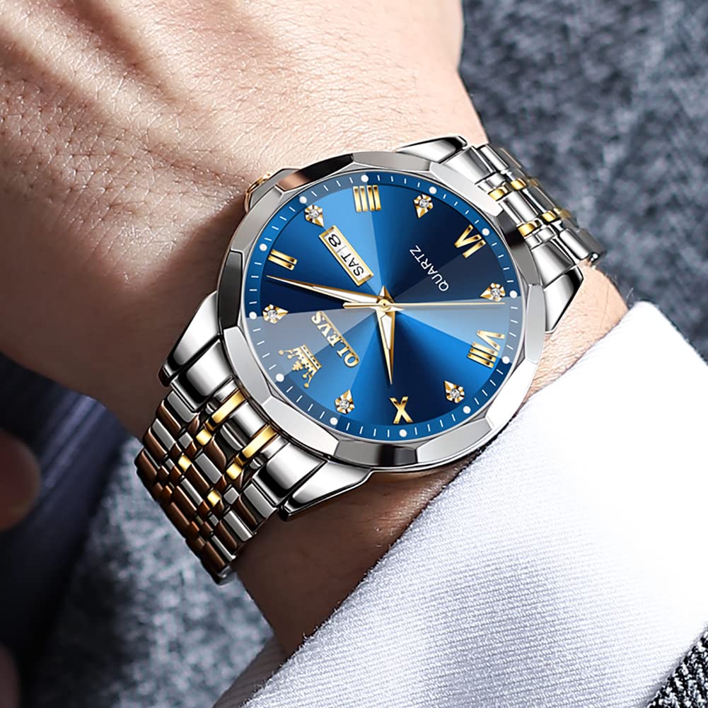 OLEVS Herrenuhren Gold Silber Business-Kleid Luxus-Armbanduhr Luminous Leicht zu lesen wasserdichte Edelstahluhr für Männer