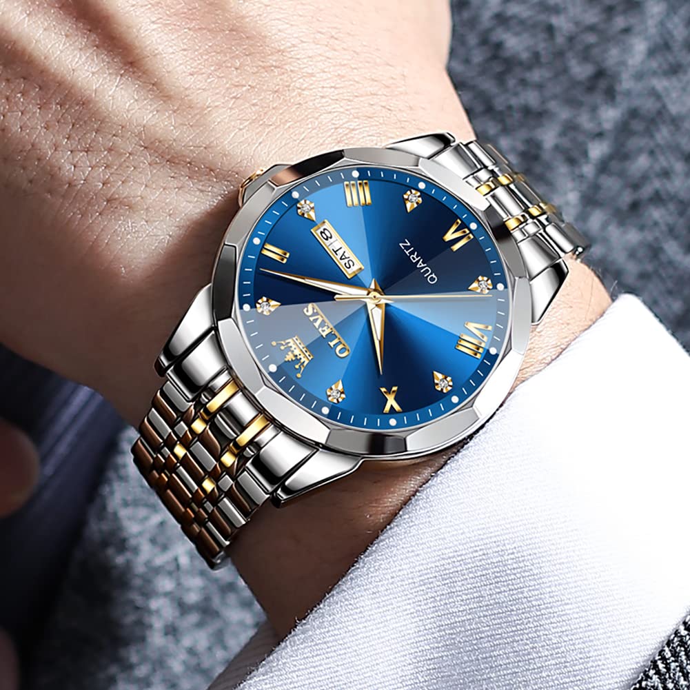 OLEVS Watch for Men Diamond Business Dress Analog Quartz Stainless Steel Waterproof Luminous Date Two Tone Luxury Casual Wrist Watch