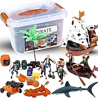 Liberty Imports Bucket of Pirate Action Figures Toys Playset with Pirate Ship, Boat, Treasure Chest, Cannons, Shark for Kids Imaginary Pretend Play