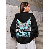 Sweatshirt for Women Butterfly & Slogan Graphic Zip Up Drop Shoulder Hoodie Sweatshirt for Women (Color : Black, Size : Small)