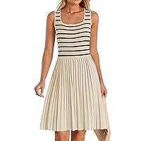 ZESICA Women's Summer Sleeveless Mini Dress 2024 Square Neck Striped Knit A Line Pleated Tank Dresses