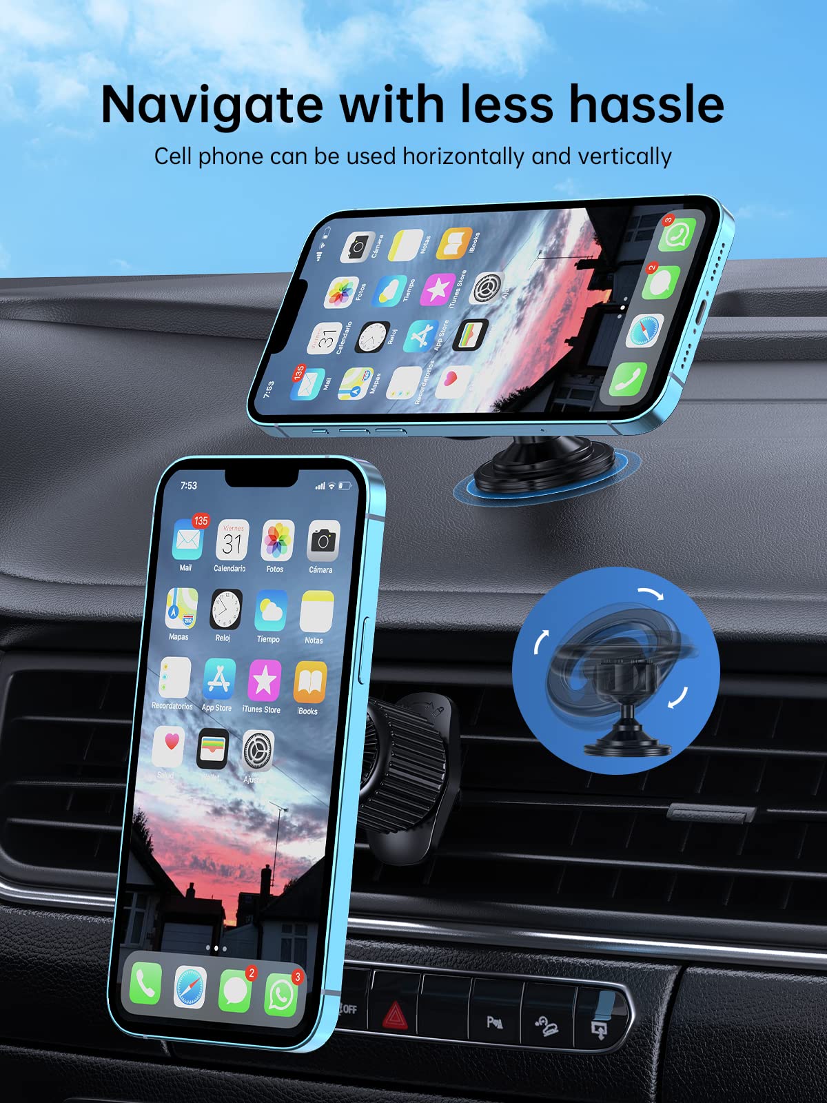 UBeesize Magnetic Car Mount with 44 Powerful Magnets and 2 Bases - Magnetic Phone Holder for Car，iPhone Car Holder Fit for iPhone 14 13 12 Pro Max Plus Mini MagSafe Cases and All Phones