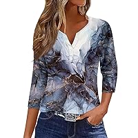 Women's Tops 3/4 Sleeve Henley Neck Cute Printed Shirts 2024 Casual Trendy Button Down T Shirt Tunic Tee Blouses