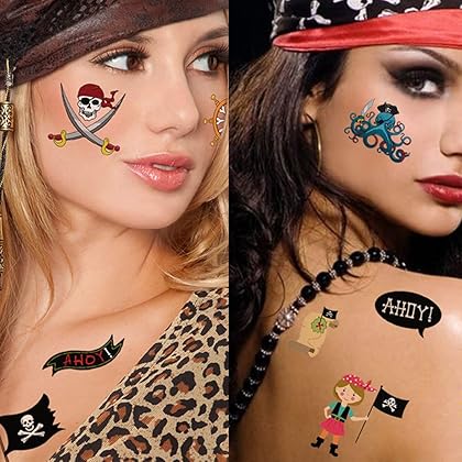 Pirate Tattoos(96Pcs), Konsait Pirate Temporary Tattoo Fake Neverland Pirated Cannon Powder Jake Captain Tattoo Body Sticker for Pirate Birthday Party Favors Supplies Kids Boys Girls Party Bag Filler