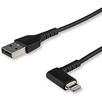 StarTech.com 6ft (2m) Durable USB A to Lightning Cable - Black 90 Right Angled Heavy Duty Rugged Aramid Fiber USB Type A to Lightning Charging/Sync Cord - Apple MFi Certified - iPhone (RUSBLTMM2MBR)
