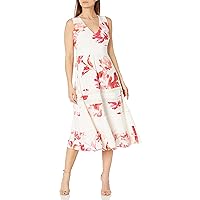 Women's Petite Sleeveless V-Neck Floral Print Midi A-line Jersey Dress with Solid Insets & Trim