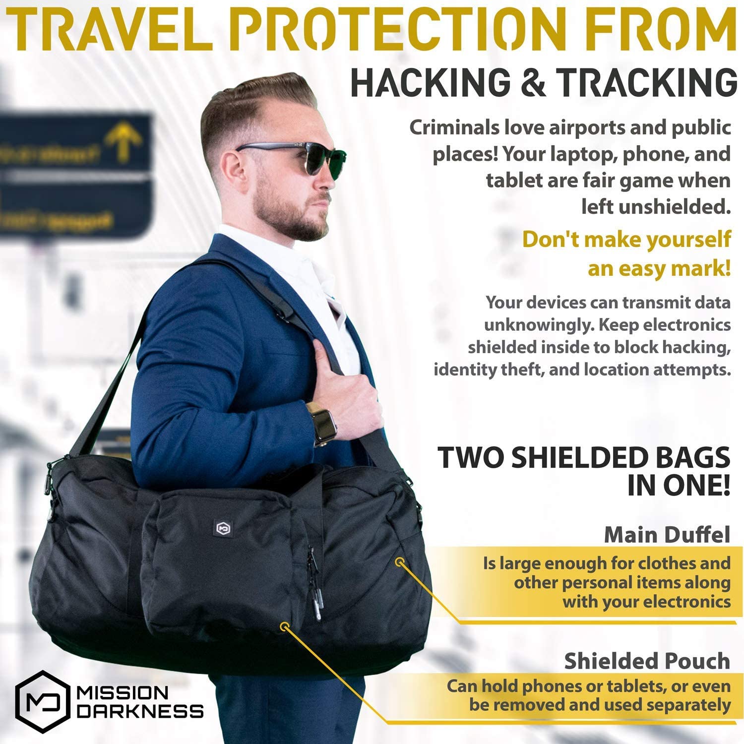 Mission Darkness Protected Traveler Faraday Bag Bundle - Collection Includes 1 Phone Bag +1 Faraday Duffel Bag with MOLLE Pouch. RF Shielding, EMF Reduction, EMP Protection, Anti-Tracking & Hacking.