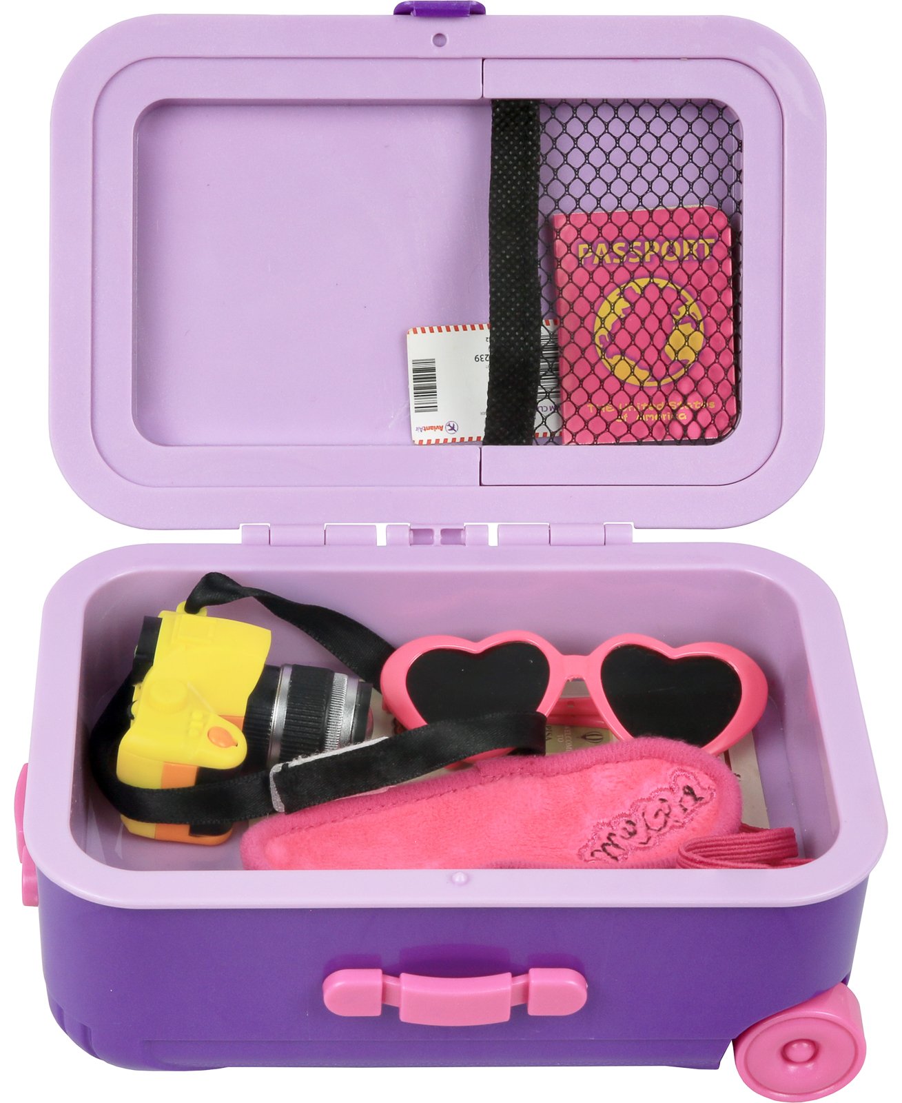 Click N' Play 18” Doll Travel Carry On Suitcase Luggage 7 Piece Set Includes Travel Gear Accessories, Photo Camera, Sunglasses, and Passport, Pretend Play Toys for Kids, Doll is Not Included