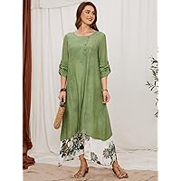 Women's Dress 2 in 1 Floral Roll Up Sleeve Tunic Dress (Color : Lime Green, Size : Medium)