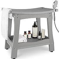 Y&M 2-Tier Bathroom Shower Bench with Waterproof Storage Shelf, HDPE Towel & Shower Head Shelves Curved Seat, Small Tub Chair for Shaving Legs Foot Stool, Bath, Spa, Indoor or Outdoor Use, Gray