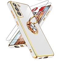 LeYi for Samsung Galaxy S21 FE 5G Case with Tempered Glass Screen Protector [2 Pack] 360° Rotatable Ring Holder Magnetic Kickstand, Plating Rose Gold Edge Protective Case, White