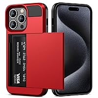Vofolen Case Compatible with iPhone 15 Pro with Card Holder, Dual Layer Shockproof Wallet Phone Case Hidden Card Slot Sliding Protective Hard Shell Back Cover Slim Case for iPhone 15 Pro 6.1 Inch Red