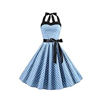 Women's Vintage Halter Neck Dress Sleeveless Cocktail Dresses Polka Dots Bandage Rockabilly Dress