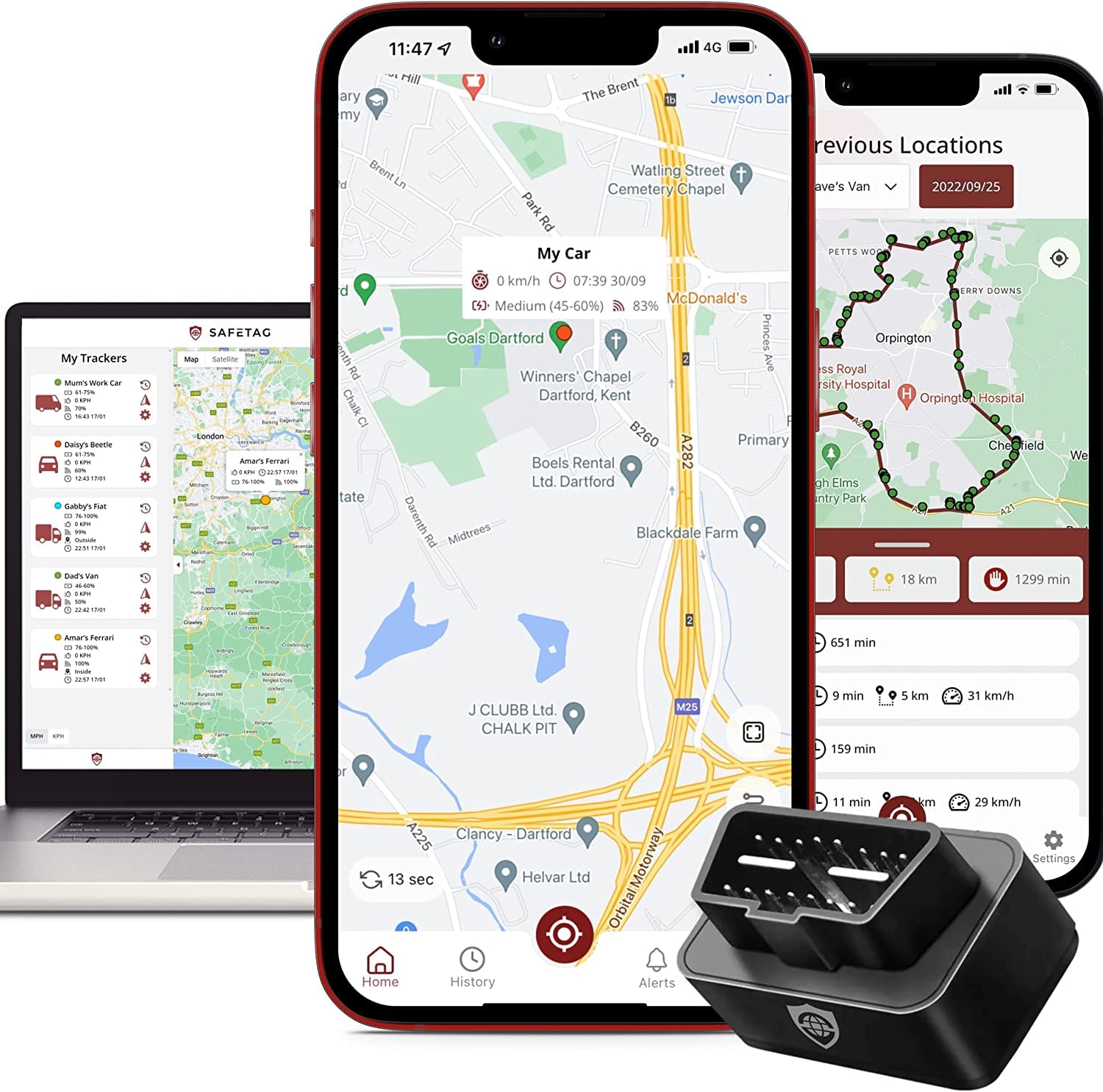 SafeTag Plug - 5.99pm, No Activation Or Cancellation Fees - 4G OBD 2 / II Self-Install GPS Tracker, Car, Van, Motorbike etc. 30 Seconds Refresh, 4 Alert Types, 7 Day Free Trial - Sim Included.