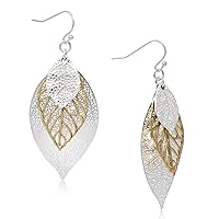 Choco Gold Fashion Fall Leaf Boho Earrings Gold Silver Two Tone Filigree Leaf Dangle Drop Earrings for Women Teens