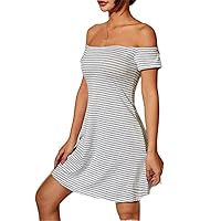 Women Dresses Striped Print Off Shoulder Dress (Color : Light Grey, Size : X-Large)