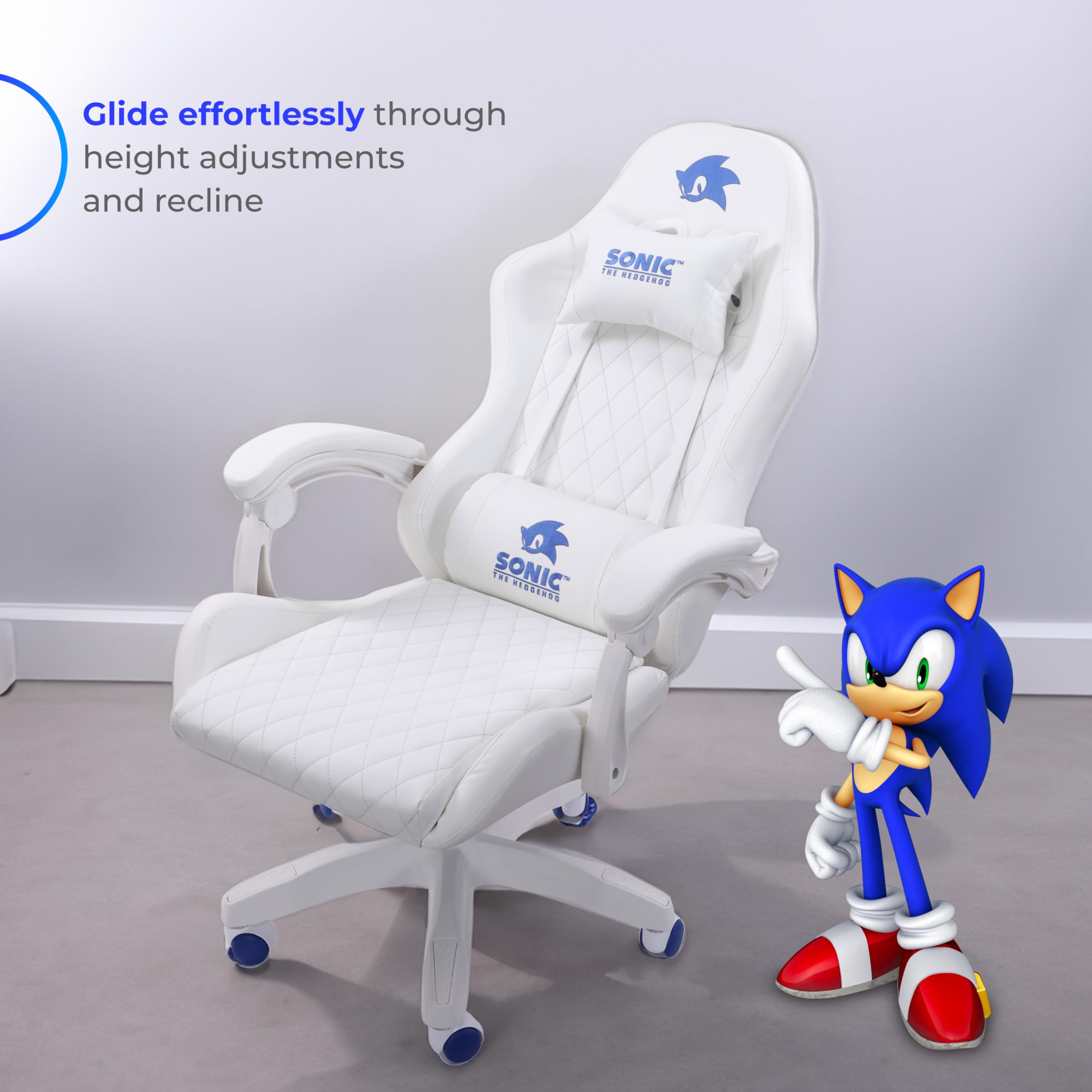 Sonic the Hedgehog Gaming Chair - Premium PU Leather, Reclining Armrest, Class 4 Gaslift, Adjustable 90-135 Degrees, Stylish Design for Adults and Teens, 120lbs Capacity, Blue-White Caster