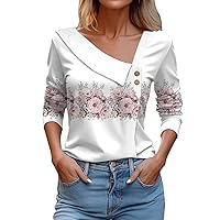 Womens Tops Button Decoration Henley Casual Shirts 3/4 Sleeve Geometric Print Blouses V Neck Summer Clothes