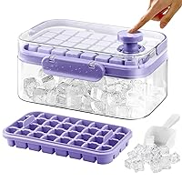 Ice Cube Tray with Lid and Bin, 2 Pack Ice Trays for Freezer, One Button Easy Release Ice Maker With Handle, Food Grade PP Ice Container Box, Ice Scoop, 64pcs Ice Cube for Whiskey, Cocktail (Purple)