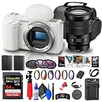 Sony ZV-E10 Mirrorless Camera (Body Only, White) (ILCZV-E10/W) + Sony 18-105mm Lens + 64GB Memory Card + Color Filter Kit + Filter Kit + Corel Photo Software + Bag + NPF-W50 Battery + More (Renewed)