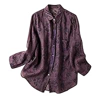 Women Cotton Linen Boho Floral Button Down Blouses Summer Fashion Long Sleeve Lapel Shirts with Pockets