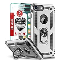 LeYi Compatible for iPhone 8 Case, iPhone 7 Case, iPhone 6s/ 6 Case with Tempered Glass Screen Protector [2 Pack], Military-Grade Protective Phone Case with Kickstand Ring for iPhone 6/6s/7/8, Silver