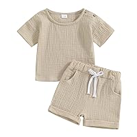 Toddler Baby Boy Summer Outfit Solid Color Cotton Linen T-Shirt Tops and Shorts 2Pcs Summer Clothes Set