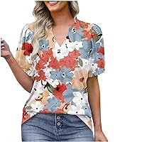 Women's V Neck Puff Short Sleeve Pleated T Shirts Fashion Summer Tops Casual Tunic Blouse Loose Floral Print Tee Shirt