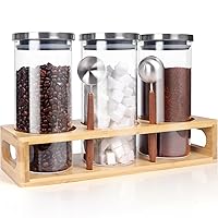 Coffee Container for Ground Coffee, Glass Coffee Canister, Food Storage Containers with Airtight Lids Stainless, Tea Coffee Sugar Container Set, 45oz Coffee Bean Storage Jars with Shelf and Spoon