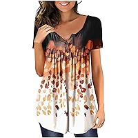 FQZWONG Summer Outfits for Women Tunics Or Tops to Wear with Leggings Short Sleeve Shirts Trendy Ladies Button V Neck Blouses