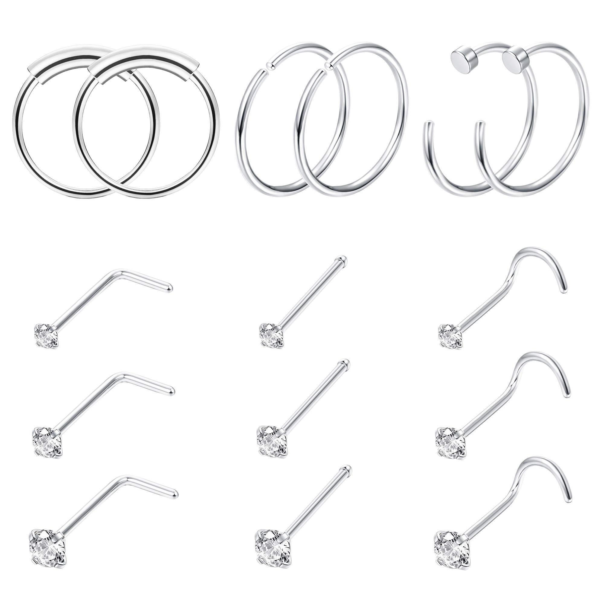FINREZIO 15PCS 22G 20G 18G Surgical Steel Nose Rings Hoop Studs Cartilage Earrings Body Piercing Jewelry 1.5mm 2mm 2.5mm CZ